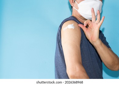 Vaccine Medical Health.Asian Thai Man Getting Vaccinated Immunity And Show Symbol.vaccine Program, Recommended Inoculation, Vaccination.Coronavirus Protect Concept.