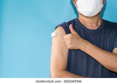 Vaccine Medical Health.Asian Thai Man Getting Vaccinated Immunity And Show Symbol.vaccine Program, Recommended Inoculation, Vaccination.Coronavirus Protect Concept.