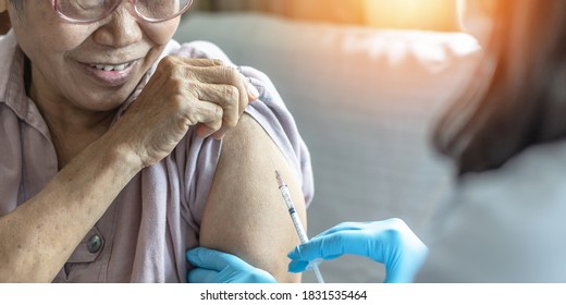 Vaccine shot for elderly vaccination, medical immunization for aging senior woman, older patient, geriatric treatment from disease such as coronavirus, covid-19, Influenza, pneumococcal or hepatitis B