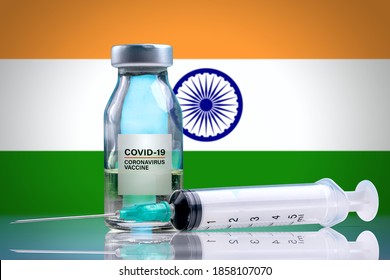 Vaccine And Syringe Injection. It Use For Prevention, Immunization And Treatment From Corona Virus Infection (novel Coronavirus Disease 2019, Covid-19). India Flag Background.