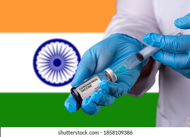 Vaccine And Syringe Injection. It Use For Prevention, Immunization And Treatment From Corona Virus Infection (novel Coronavirus Disease 2019, Covid-19). India Flag Background.