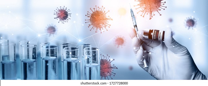 Vaccine treatment for covid 19 concept. Doctor hold medical equipment for treatment of covid 19 to recover sick people and lower death rate caused by covid 19 by using novel innovated treatment .