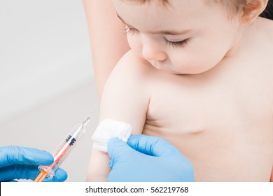 Vaccine Vaccination Child Baby Doctor Injection Pediatrician Injecting Arm Health Immunization Hand Hospital Needle Syringe Concept - Stock Image