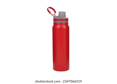 vacuum insulated water bottle  portable thermos for hot and cold drinks for travel and hiking. red color vacuum insulated thermos. red color water bottle.
