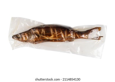 Vacuum packaged smoked fish isolated on white background. 