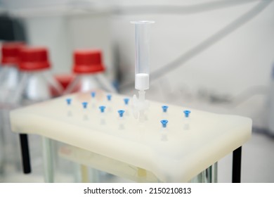 Vacuum Solid Phase extraction SPE manifold with catridge for sample preparation in chemical laboratory.