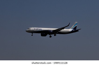 Vadodara, Gujarat, India - April 06, 2021: An Airbus A320 airplane of Indigo Airlines landing at Vadodara Airport (BDQ) in Vadodara, Gujarat , India