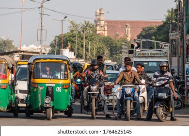Vadorara, Gujarat, India - November 2018: Traffic jam of vehicles with commuters waiting at a signal of an intersection in the city.