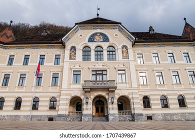 VADUZ, LIECHTENSTEIN - MARCH 28, 2020: Government House Of Principality Liechtenstein In Vaduz. Constructed Between 1903 And 1905 According To Plans Drawn By The Viennese Architect Gustav Ritter.