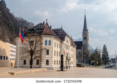 VADUZ, LIECHTENSTEIN - MARCH 28, 2020: Government House Of Principality Liechtenstein In Vaduz. Constructed Between 1903 And 1905 According To Plans Drawn By The Viennese Architect Gustav Ritter.