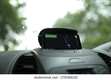 Vagamon, Kerala / India - October 27 2020 : GPS On Mobile Phone Display In The Car Dash Board