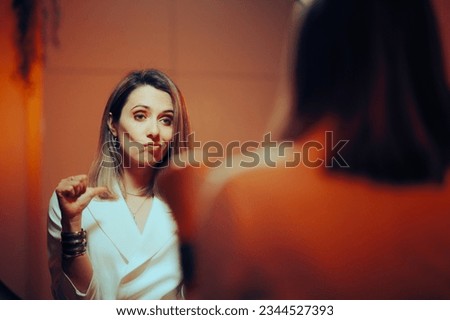 
Vain Woman pointing to Herself Looking in the Mirror. Smug Businesswoman thinking in a vain way about herself being narcissistic and overconfident
