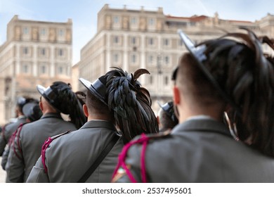 Vaira Bersaglieri hat with feathers.
Italian army dress uniform. Formation of Italian military personnel before the parade. - Powered by Shutterstock