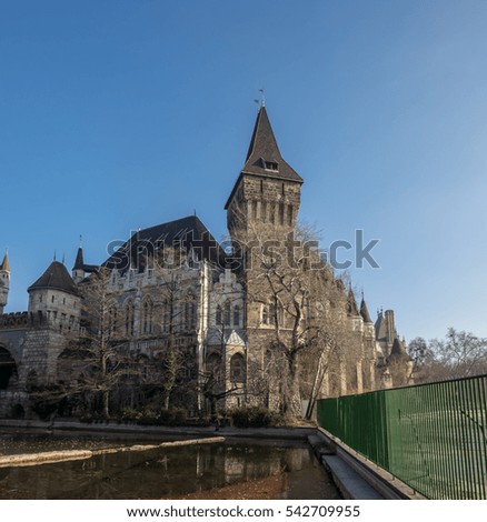 Vajdahunyad Castle with lake in City Park at Heroes Square in Budapest, Hungary