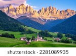 Val di Funes, Dolomites, Italy. Santa Maddalena village in front of the Odle Geisler mountain group at sunset Italy