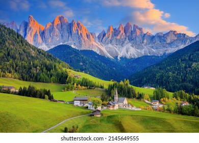 Val di Funes, Italy. Santa Maddalena village in front of the Odle(Geisler) mountain, Dolomites.