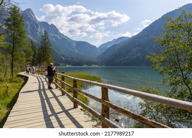VAL PUSTERIA, ITALY, 2021 August 13: Lake antholz, a beautiful lake in South Tyrol, Italy