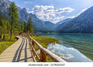 VAL PUSTERIA, ITALY, 2021 August 13: Lake antholz, a beautiful lake in South Tyrol, Italy