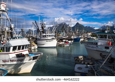 VALDEZ, ALASKA - JULY 23, 2016. Valdez Small Boat Harbor. Fishing Vessels With Gear