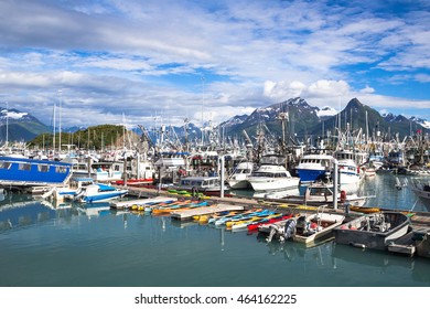 VALDEZ, ALASKA - JULY 23, 2016. Valdez Small Boat Harbor. Fishing Vessels With Gear