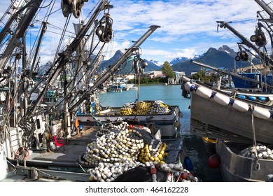 VALDEZ, ALASKA - JULY 23, 2016. Valdez Small Boat Harbor. Fishing Vessels With Gear