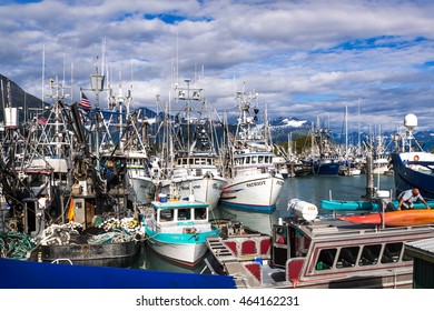 VALDEZ, ALASKA - JULY 23, 2016. Valdez Small Boat Harbor. Fishing Vessels With Gear