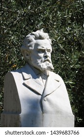 Valdicastello, Pietrasanta, Tuscany, Italy. About June 2019. Giosuè Carducci Poet. Marble Sculpture. Bust At The Birthplace Of Valdicastello.