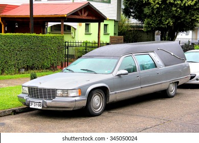 VALDIVIA, CHILE - NOVEMBER 20, 2015: Hearse Car Cadillac Fleetwood At The Town Street.