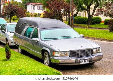 VALDIVIA, CHILE - NOVEMBER 20, 2015: Hearse Car Cadillac Fleetwood In The Town Street.