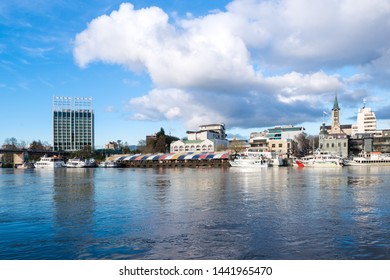 Valdivia, Region De Los Rios, Chile - View Of Downtown Valdivia Across The Calle Calle River.