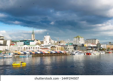 Valdivia, Region De Los Rios, Chile - View Of Downtown Valdivia Across The Calle Calle River.