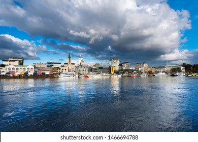 Valdivia, Region De Los Rios, Chile - View Of Downtown Valdivia Across The Calle Calle River.