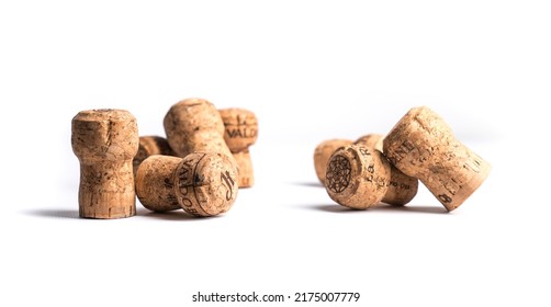 Valdobbiadene, Italy - August 2021: Isolated Group Of Corks On White Background, Sparkling Wine Corks Of Prosecco Or Champagne. 