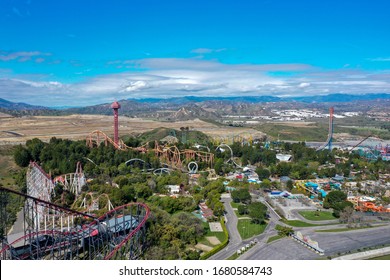 Valencia, California, USA Aerial View Of Six Flags Magic Mountain Amusement Park 
Valencia Theme Park