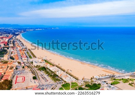 Valencia city beach aerial panoramic view. Valencia is the third most populated municipality in Spain.