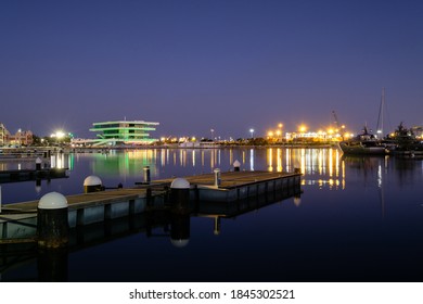 Valencia Harbor, Port Night Lights Reflection In Water, Modern Buildings