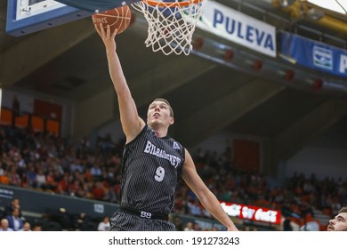 VALENCIA - MAY, 3: Lay-up of Bertans during a Spanish league match between Valencia Basket Club and Bilbao at the Fonteta Stadium on May 3, 2014 in Valencia, Spain