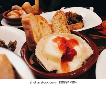 Valencia, Spain - 08 Feb 2019: Valencia Local Bar Tapas, Hot Creamy Cheese In Local Bar In Valencia