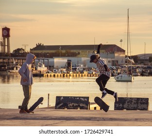 Valencia , Spain , 2019 , Older Man Walking The Dog In The Port