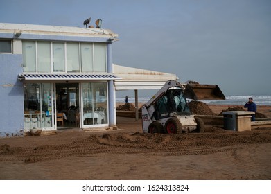 Valencia, Spain. 23 January 2020
After The Disaster It Is Time To Work On Rebuilding And Cleaning The Areas Damaged By The Storm Gloria. Cleaning Teams Taking Sand From The Restaurant's Terraces