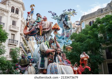 Valencia, Spain - 4 September 2021: Large Paper Mache Sculpture Displaying Traditional Celebration Elements Of The Festival Fallas