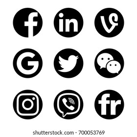 Valencia, Spain - April 04, 2017: Collection of popular social media logos printed on paper: Facebook, Instagram, Twitter, Vine, Google, Wechat, Viber, Flickr, Linkedin.