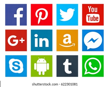 Valencia, Spain - April 12, 2017: Collection of popular social media logos printed on paper: Facebook, Android, Twitter, Pinterest, Youtube, Skype, WhatsApp, Linkedin, Tumblr, Google Plus, Amazon.
