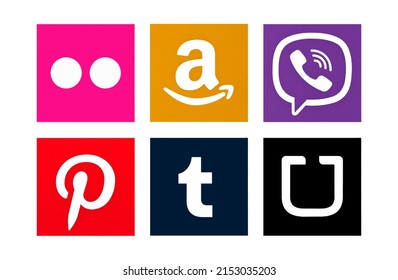 Valencia, Spain - August 01, 2017: Collection of popular social media logos printed on paper: Flickr, Amazon, Viber, Pinterest, Tumblr, Uber.