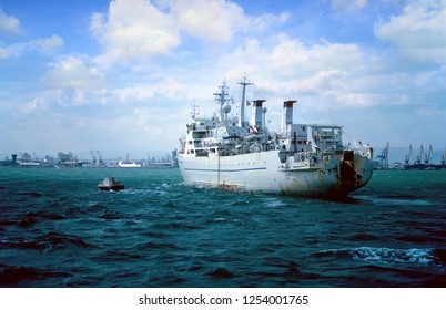 VALENCIA, SPAIN - August 22, 2018. Cable Ship VERCORS Designed And Used To Lay Underwater Cables For Telecommunications, Electric Power Transmission, Or Other Purposes, Entering In Valencia.