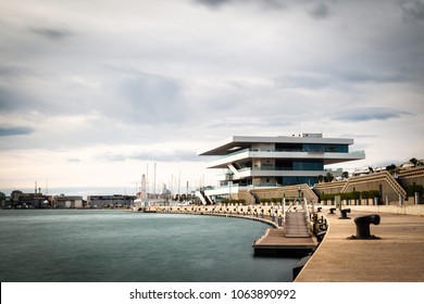 VALENCIA, SPAIN - DECEMBER 10, 2017: The Americas Cup Pavilion In The Marina Of Valencia, Spain, Also Known As Veles E Vents, On A Cloudy Winter Morning. Long Exposure.