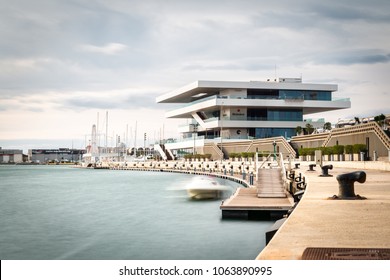 VALENCIA, SPAIN - DECEMBER 10, 2017: The Americas Cup Pavilion In The Marina Of Valencia, Spain, Also Known As Veles E Vents, On A Cloudy Winter Morning. Long Exposure.