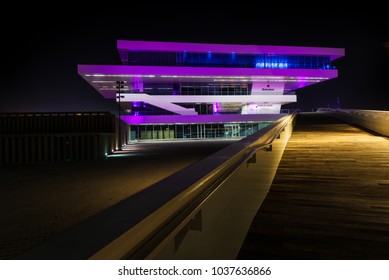 VALENCIA, SPAIN - DECEMBER 7, 2017: Night View Of An Illuminated Americas Cup Pavilion In The Marina Of Valencia, Spain, Also Known As Veles E Vents.