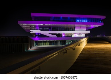 VALENCIA, SPAIN - DECEMBER 7, 2017: Night View Of An Illuminated Americas Cup Pavilion In The Marina Of Valencia, Spain, Also Known As Veles E Vents.