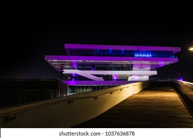 VALENCIA, SPAIN - DECEMBER 7, 2017: Night View Of An Illuminated Americas Cup Pavilion In The Marina Of Valencia, Spain, Also Known As Veles E Vents.